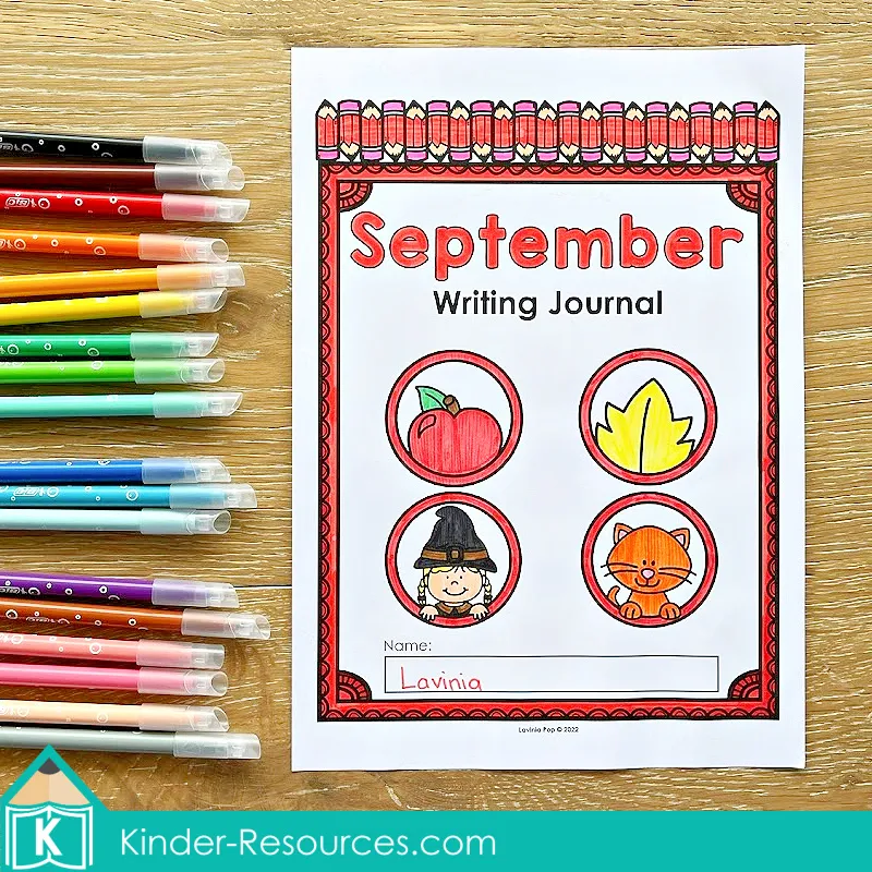 September writing journal cover with red border and icons of apple, autumn leaf, fairy tale character, and cat. Writing prompts for 1st and 2nd grade.