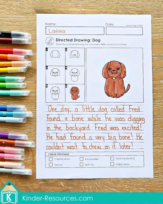 Directed drawing worksheet showing how to draw a dog step by step with space to write a short story. September writing prompts for 1st and 2nd grade.