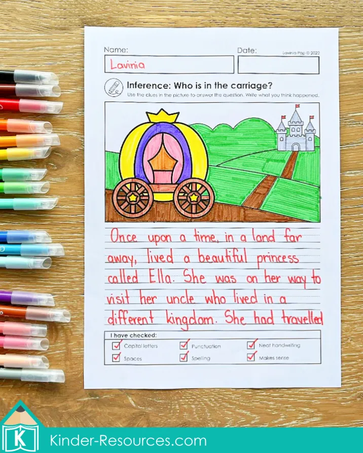Inference worksheet with princess carriage and castle background. Students answer who is in the carriage and write a story. September writing prompts for 1st and 2nd grade.