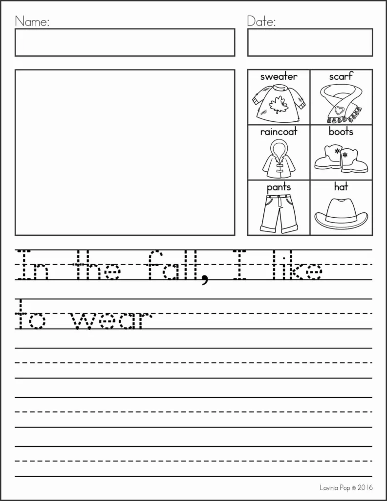 Free October Writing Journal worksheet where children write about what they like to wear in the fall, with picture word bank, available on the blog.