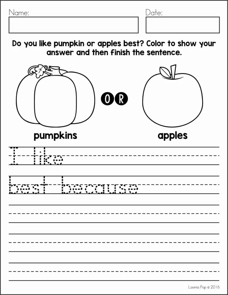 Free October Writing Journal opinion writing page for kids to choose pumpkins or apples and explain their choice, available to download on the blog.
