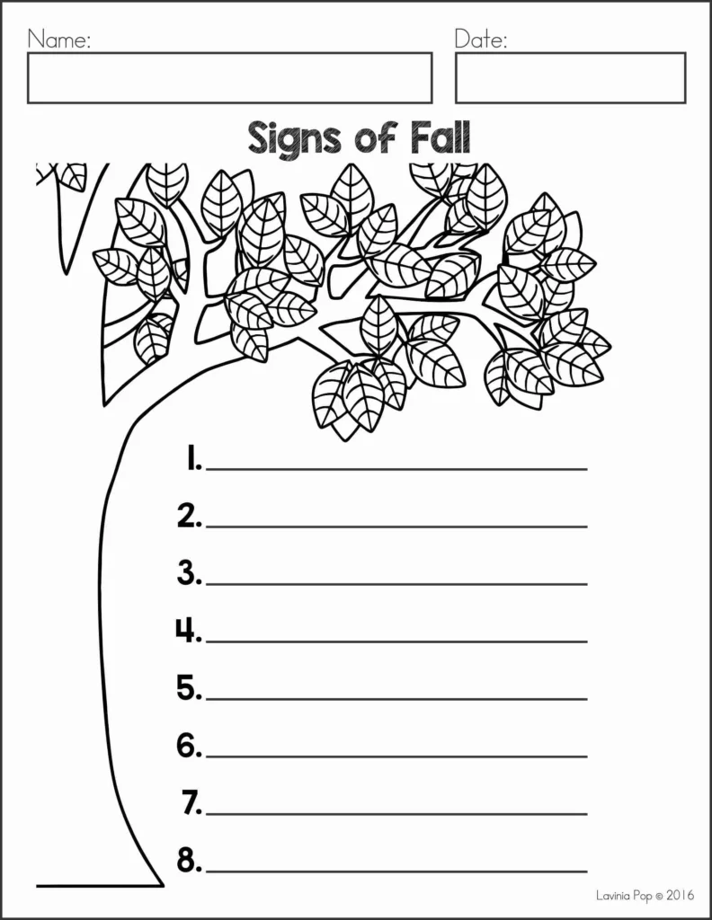 Free October Writing Journal page for kids with a tree graphic organizer to list signs of fall, available to download on the blog.