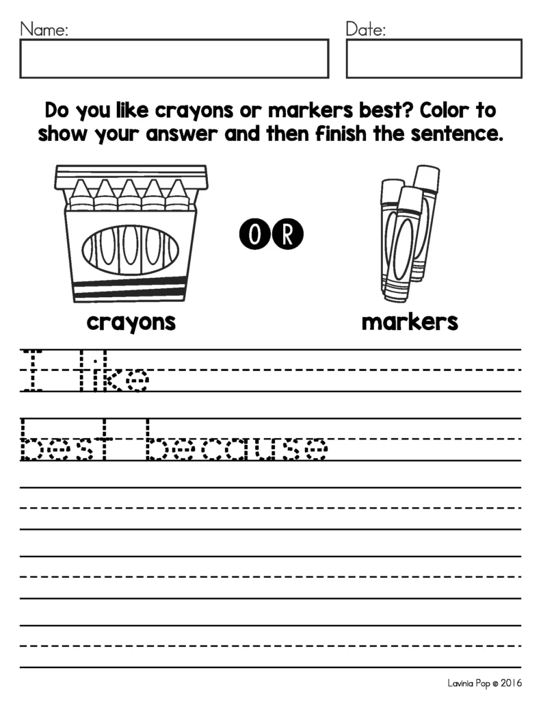 Free September Writing Journal Prompts opinion writing worksheet asking students if they like crayons or markers best with sentence starter