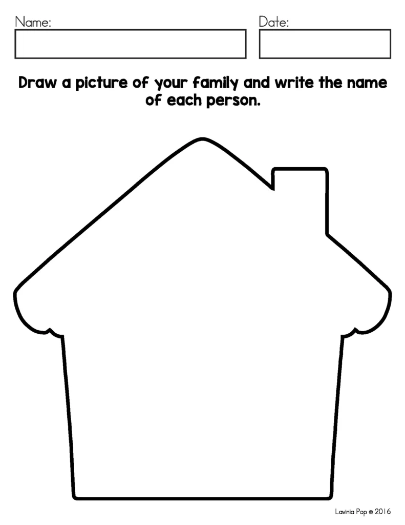 Free September Writing Journal Prompts worksheet to draw a picture of your family and write the name of each person inside a house outline