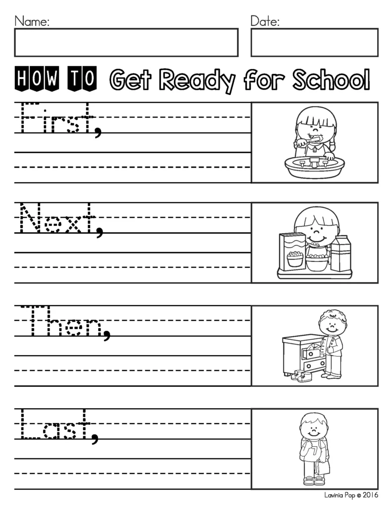 Free September Writing Journal Prompts procedural writing page with step by step sequencing to explain how to get ready for school