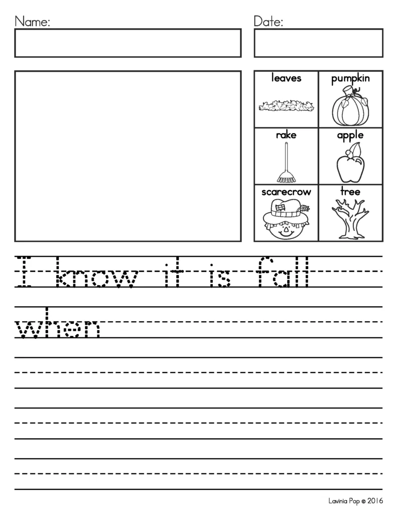 Free September Writing Journal Prompts worksheet with sentence starter I know it is fall when and fall vocabulary picture word bank