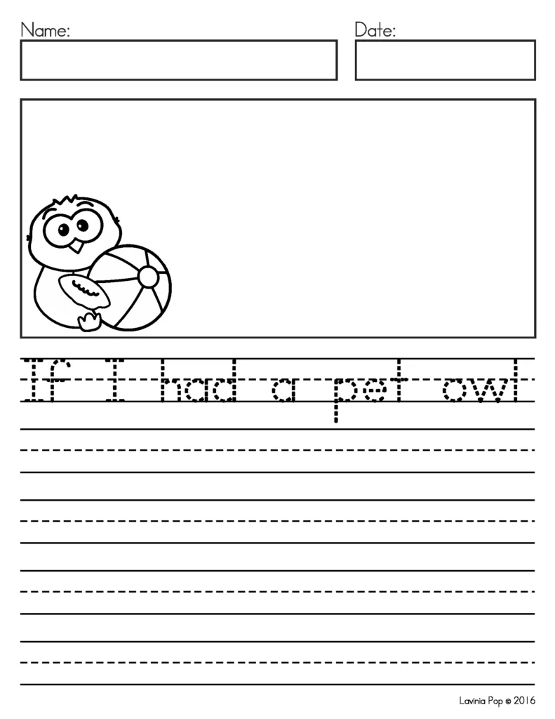 Free September Writing Journal Prompts worksheet with narrative sentence starter If I had a pet owl and drawing space
