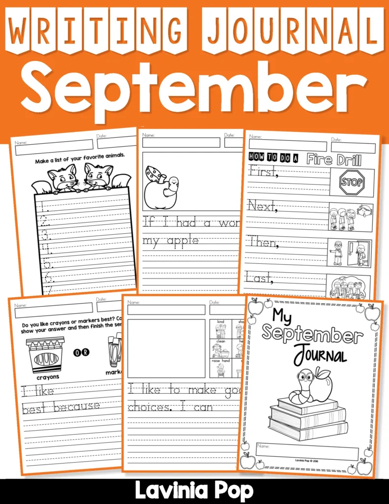 Free September Writing Journal Prompts resource preview with list writing, narrative prompts, how to writing, and seasonal fall themes for Kindergarten and Grade 1