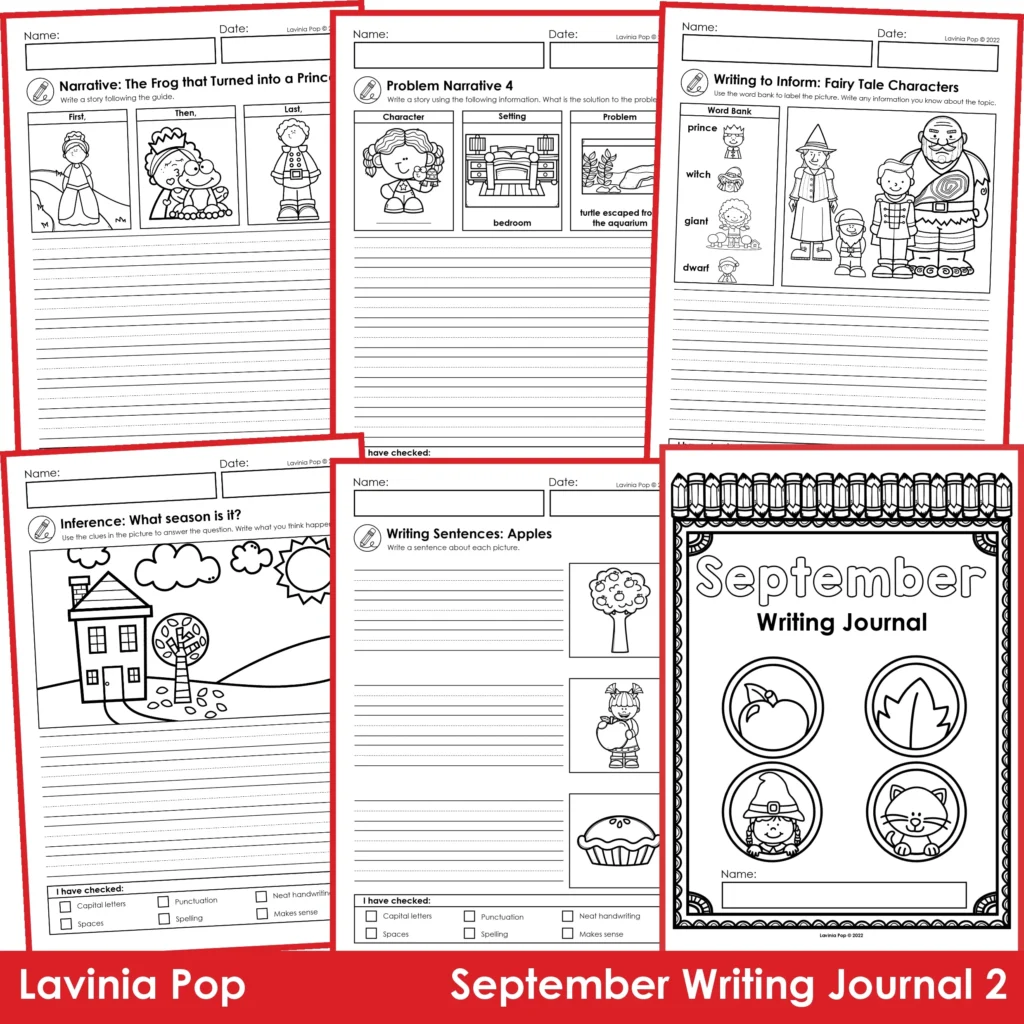 Collage preview of September Writing Journal 2 showing apples, fairy tale, pet homes, inference, and narrative writing pages with September cover page.