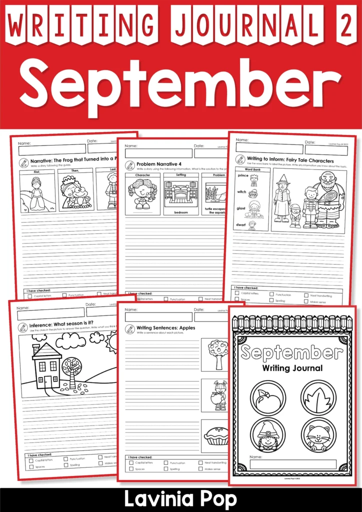 Collage preview of September Writing Journal 2 showing narrative, problem narrative, informational, inference, and sentence writing pages for 1st and 2nd grade.