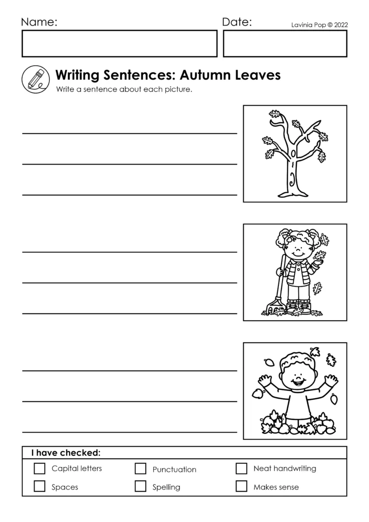 Sentence writing worksheet with autumn leaves theme showing tree, child raking leaves, and child playing in leaves. September writing prompts for 1st and 2nd grade.