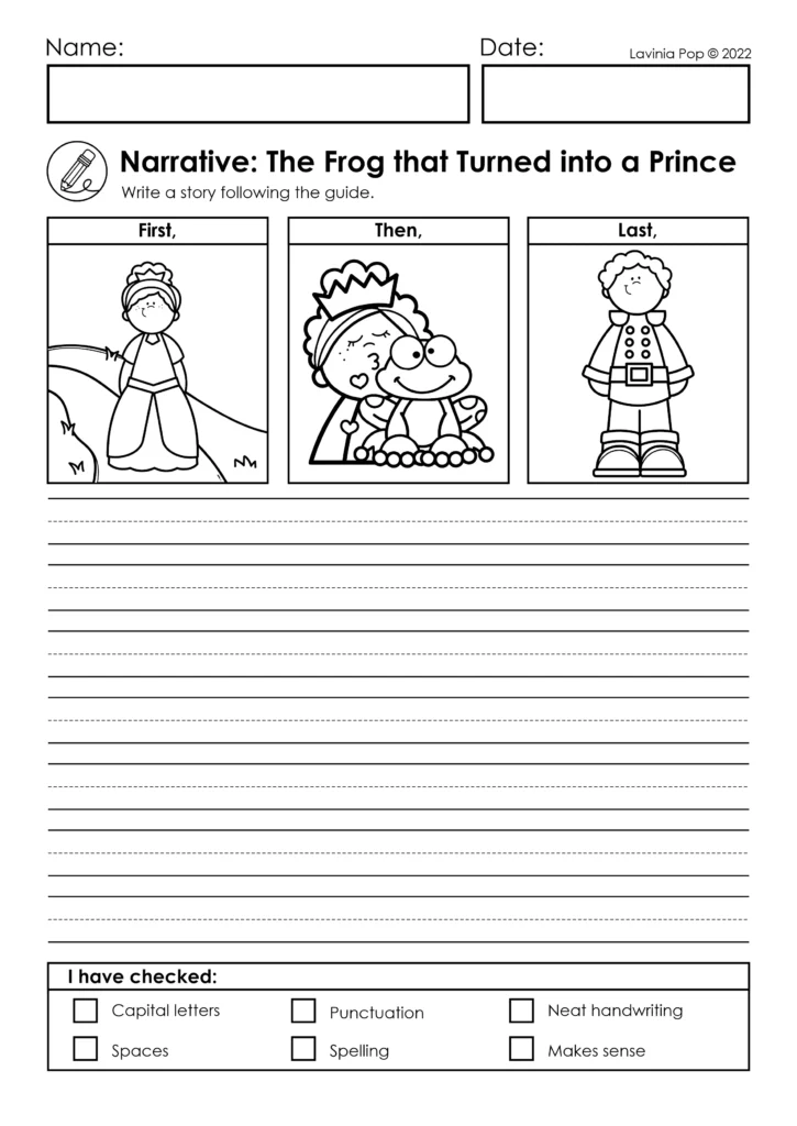 Narrative writing worksheet with fairy tale theme showing sequence pictures of the frog turning into a prince. September writing prompts for 1st and 2nd grade
