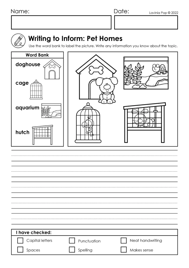 Informational writing worksheet with word bank doghouse, cage, aquarium, and hutch for labeling pet homes and writing sentences. September writing prompts for 1st and 2nd grade.