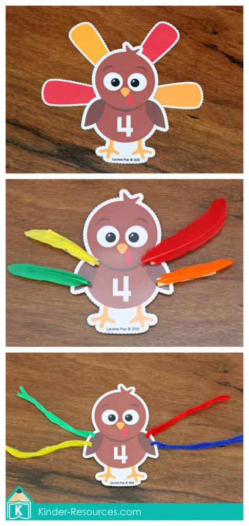 Printable turkey counting activity with numbered turkey cards, colorful feathers, and pipe cleaners for hands-on number sense and counting practice