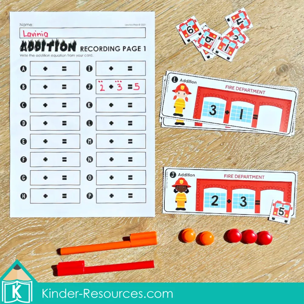 Firefighter themed addition cards for kindergarten math center with recording page, fire truck number pieces, and counters for solving simple addition facts
