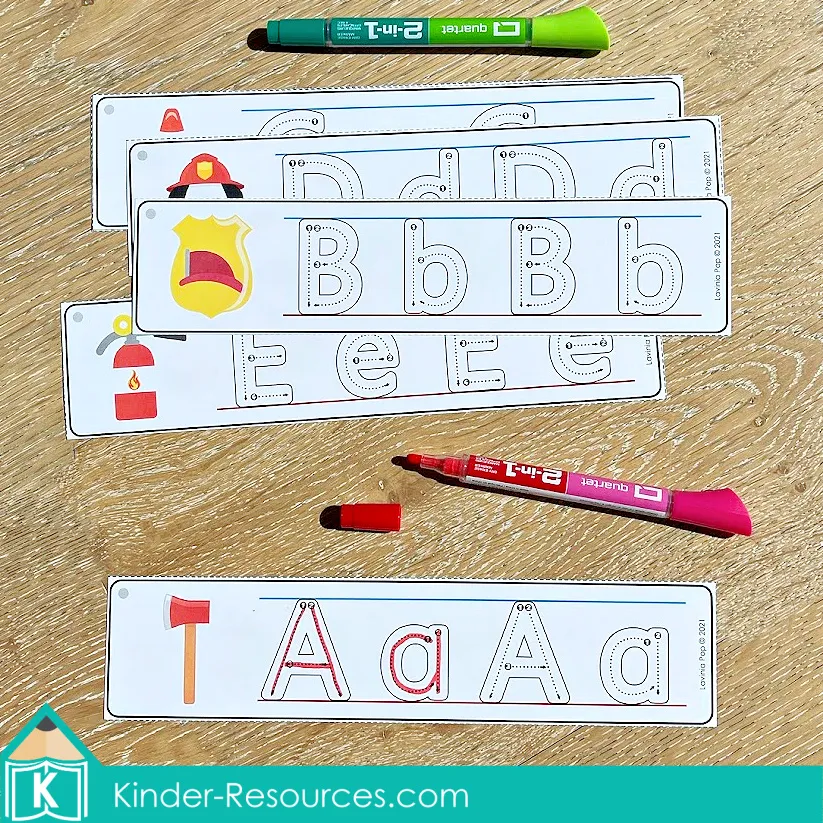 Printable fire safety alphabet tracing cards for kindergarten literacy centers featuring uppercase and lowercase handwriting practice