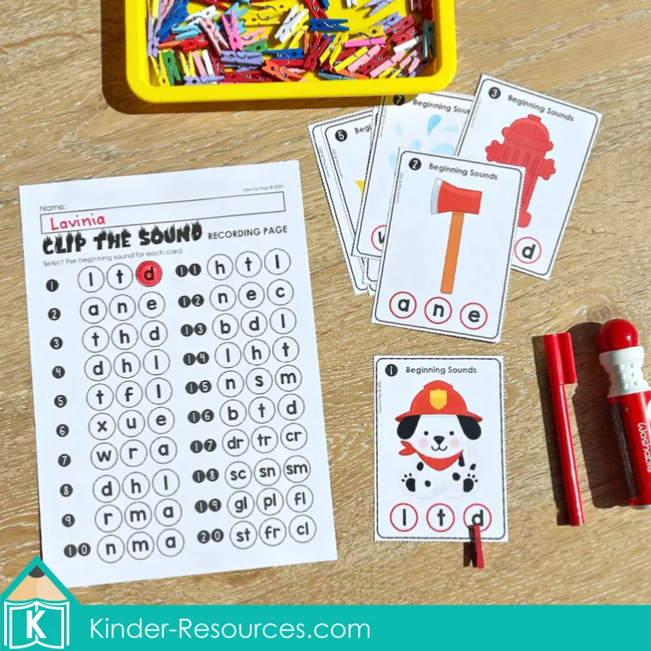 Fire safety themed beginning sounds and blends activity for kindergarten students using clip cards and recording sheet