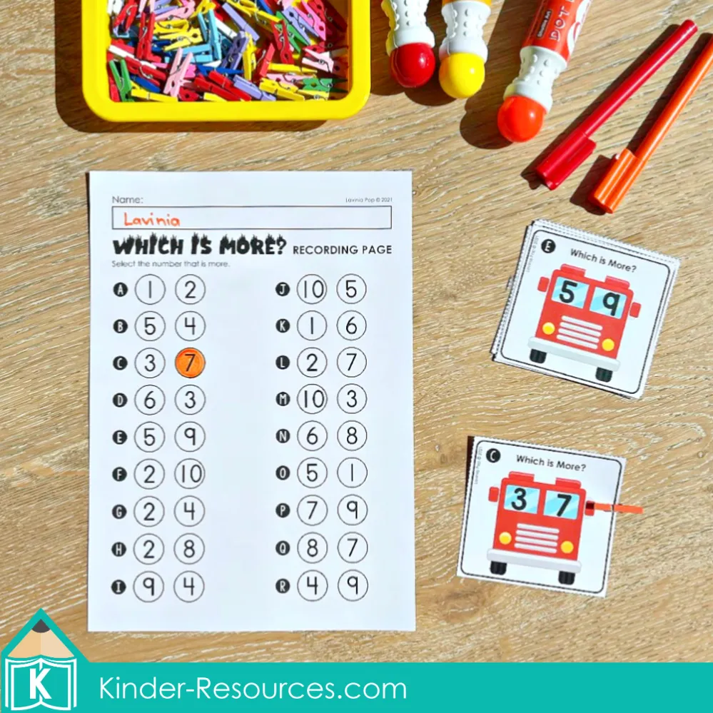 Fire truck themed math activity comparing numbers for kindergarten with recording sheet and clip cards showing which number is more