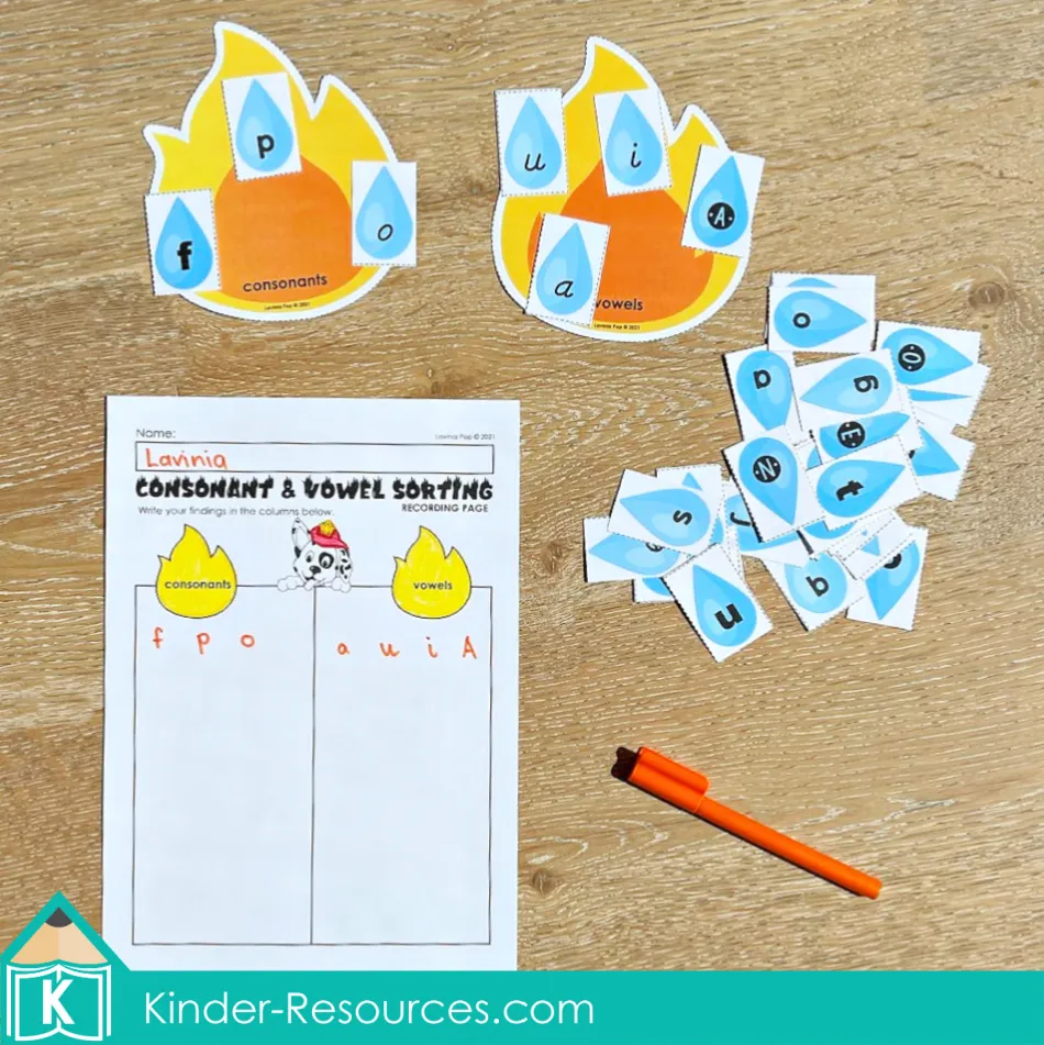 Fire safety literacy center for kindergarten where students sort letters into consonants and vowels with flames and water drop pieces
