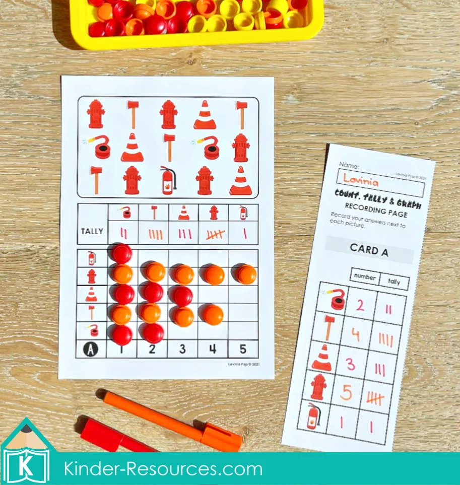 Hands on math activity for kindergarten students counting, tallying, and graphing fire safety pictures using counters and write and wipe page