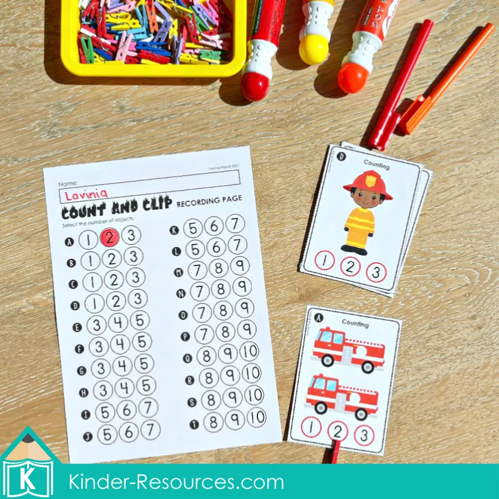 Counting clip cards for kindergarten featuring firefighter characters and recording page for number recognition and counting practice