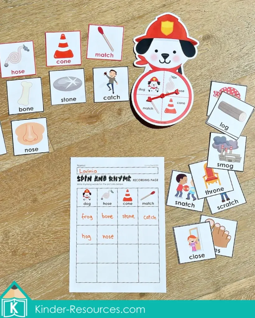 Fire safety themed rhyming activity for kindergarten featuring a firehouse dog spinner and rhyming picture cards