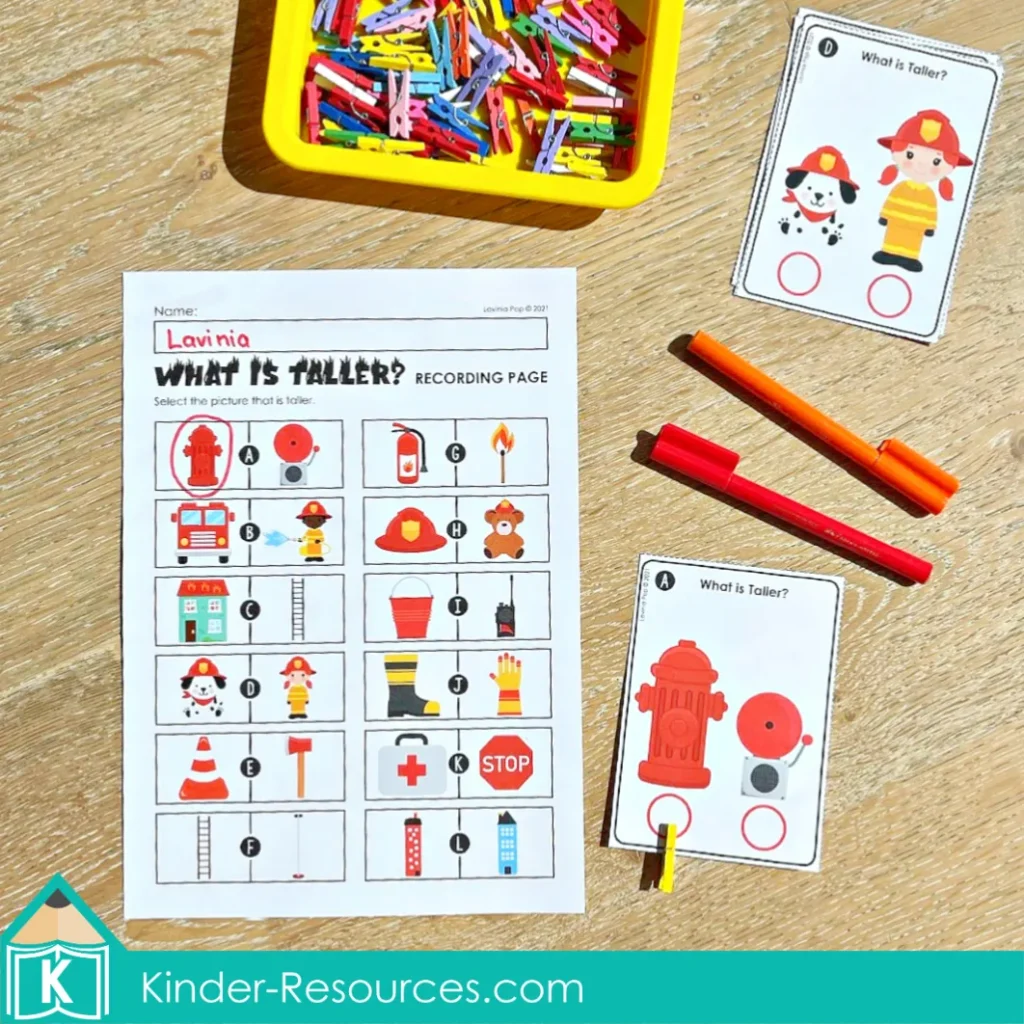 Firefighter themed measurement activity for kindergarten comparing objects to see which is taller with clip cards and recording sheet
