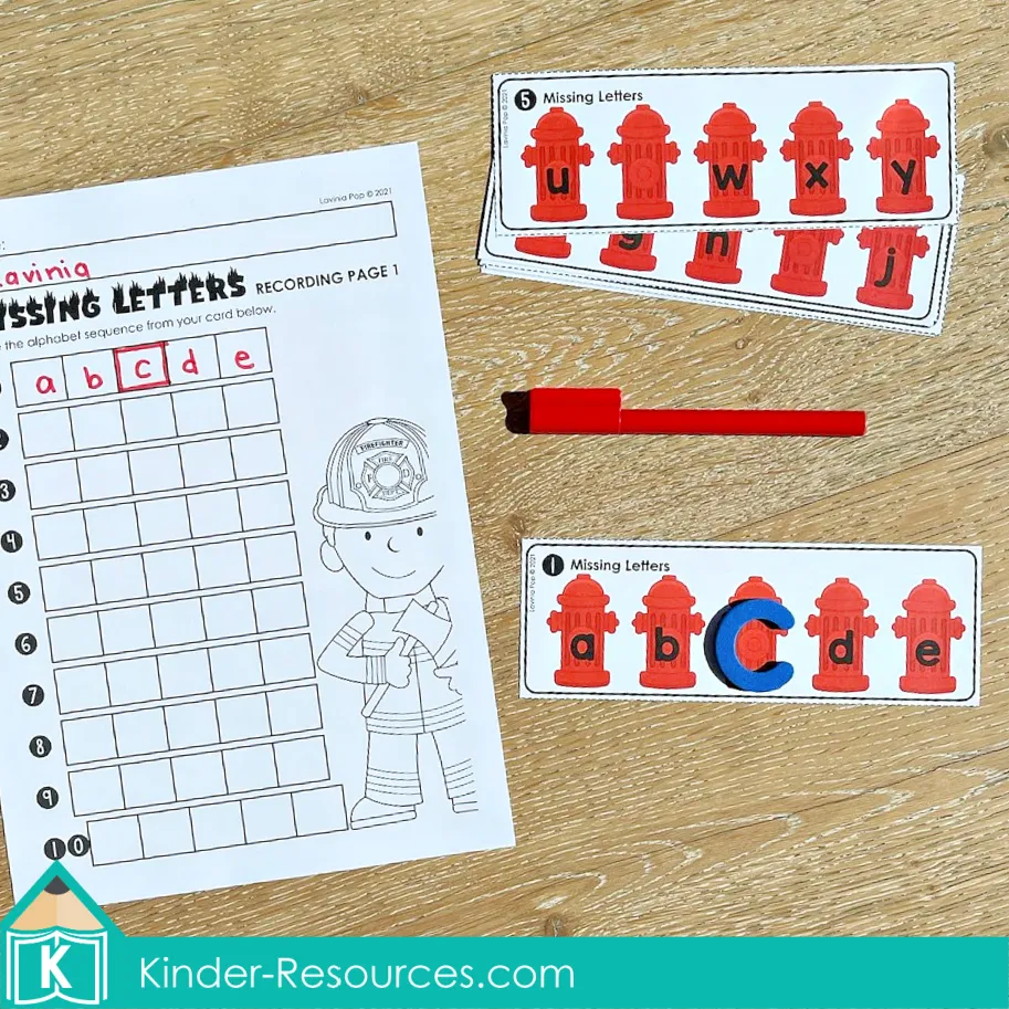 Fire safety kindergarten center activity with fire hydrant cards where children identify and fill in missing alphabet letters