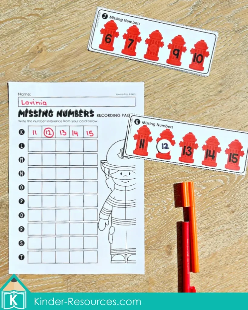 Fire hydrant themed missing numbers activity for kindergarten number sequence practice with write and wipe recording page