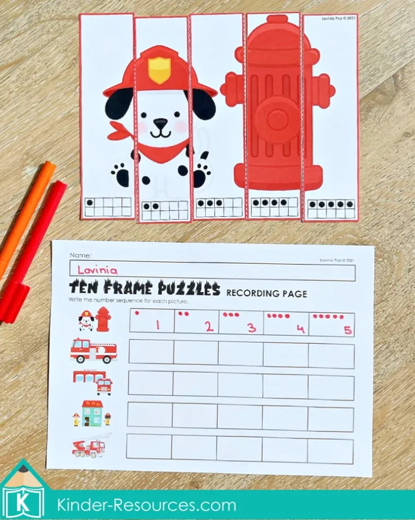 Fire safety themed ten frame number puzzles for kindergarten featuring firefighter and hydrant pictures with number sequencing recording page