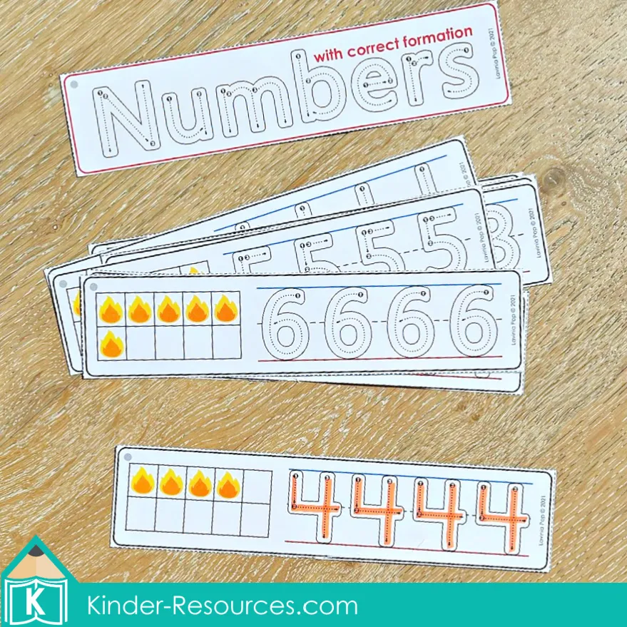 ire themed number tracing cards for kindergarten showing correct formation and matching ten frame representations for numbers 1 to 10