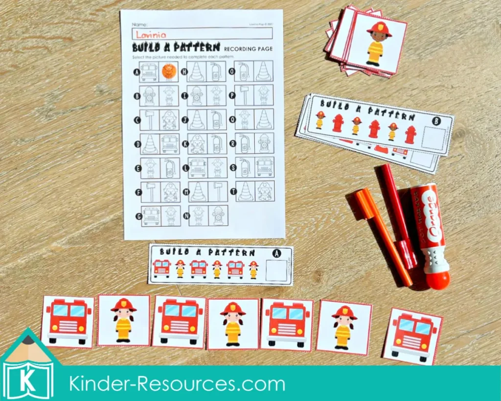 Fire safety pattern building activity for kindergarten using fire truck and firefighter picture cards to make AB and ABC patterns with recording page