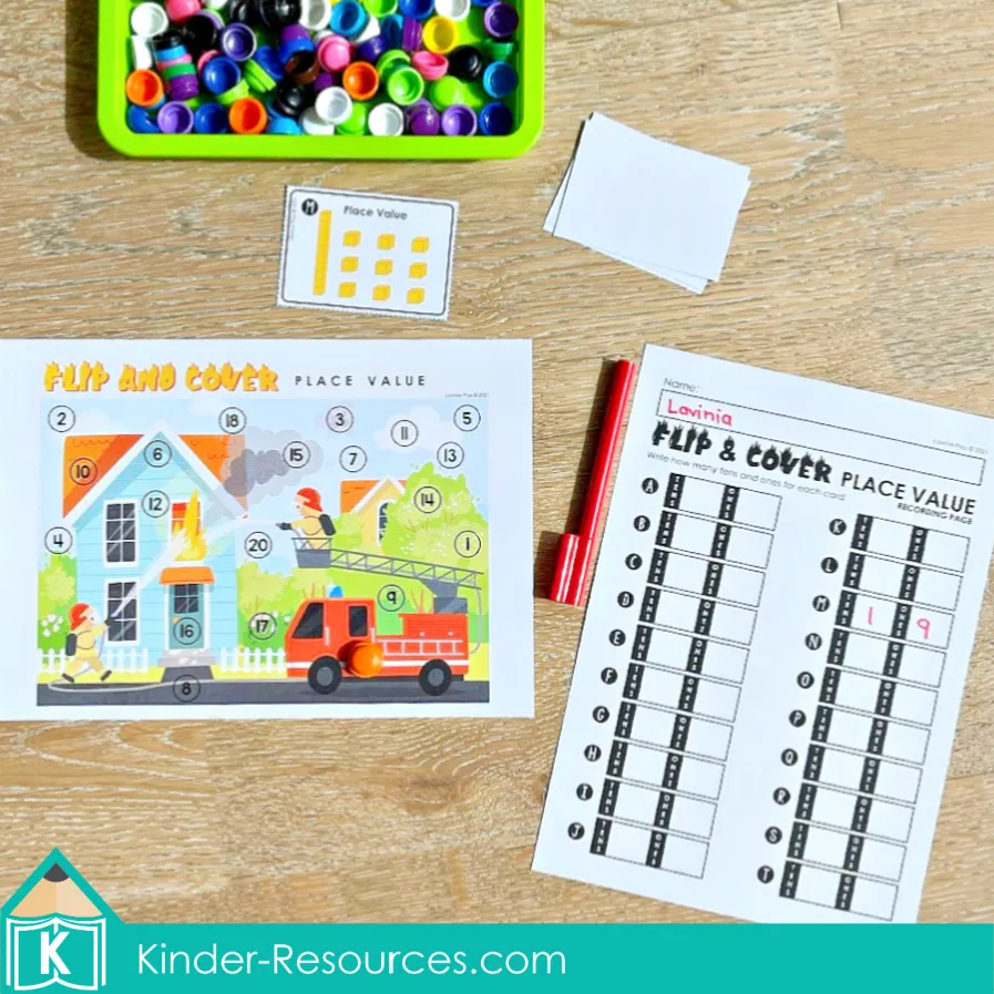 Firefighter themed place value math game for kindergarten using base ten blocks and counters to match numbers on a fire safety picture mat