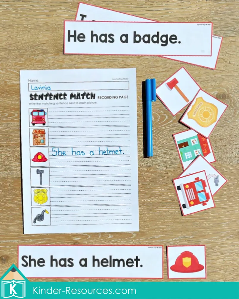 Fire safety themed kindergarten literacy activity matching sentences to pictures with recording pages