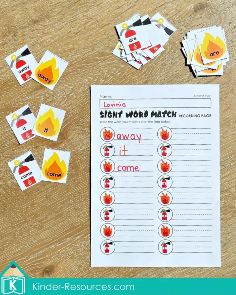 Fire safety sight word literacy activity for kindergarten where students match words on fire and extinguisher cards