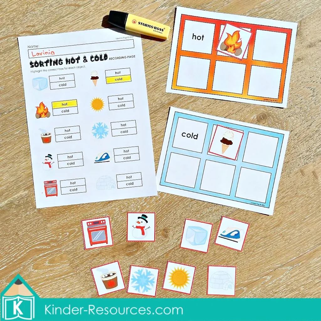 Fire safety themed hot and cold sorting activity for kindergarten with picture cards and recording sheet to practice categorizing temperature concepts