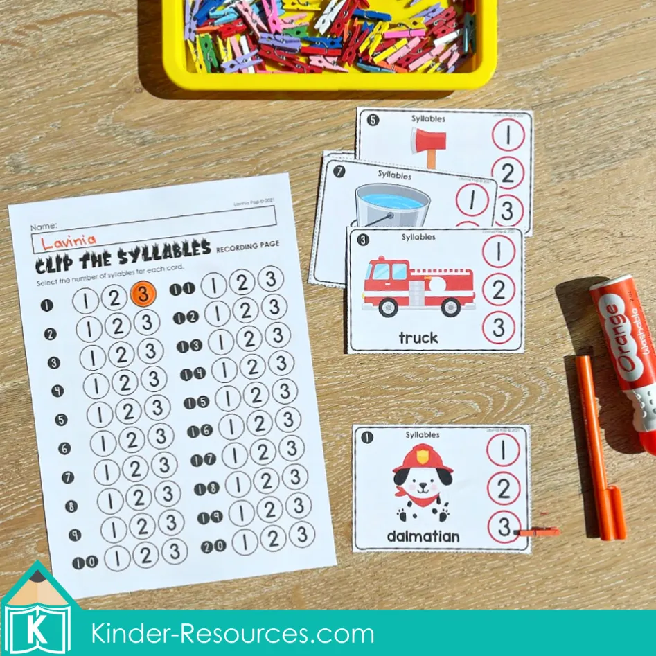 Fire safety literacy activity for kindergarten students to count syllables with themed picture cards and recording sheets