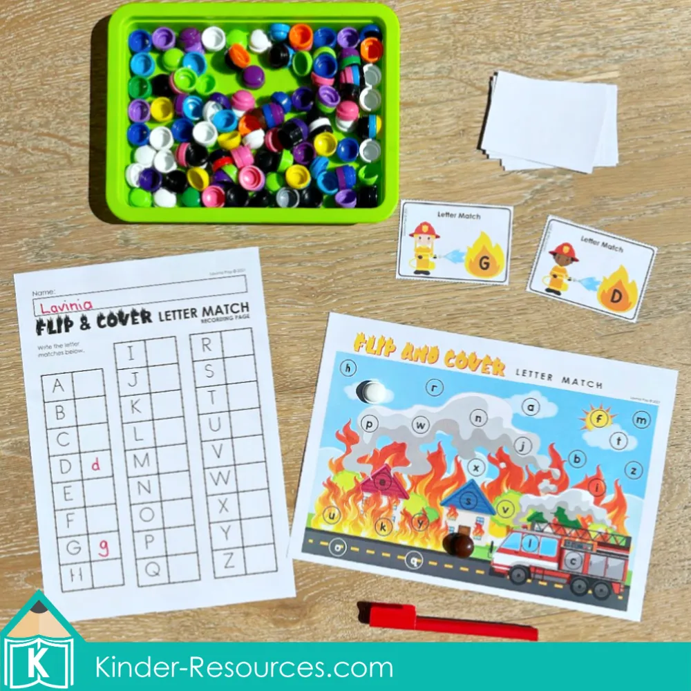 Fire Safety Literacy Center activity for kindergarten with flip and cover game to match uppercase and lowercase letters using a fire safety theme
