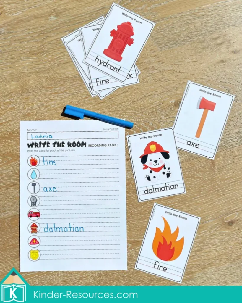 Fire safety literacy center for kindergarten with write the room activity where children find themed word cards like fire, hydrant, axe, and dalmatian and record them on a worksheet