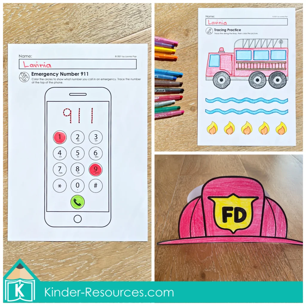 Fire Safety Kindergarten Worksheets and Activities including emergency number 911 tracing page, firefighter hat craft to cut and assemble, and tracing practice fire truck activity.