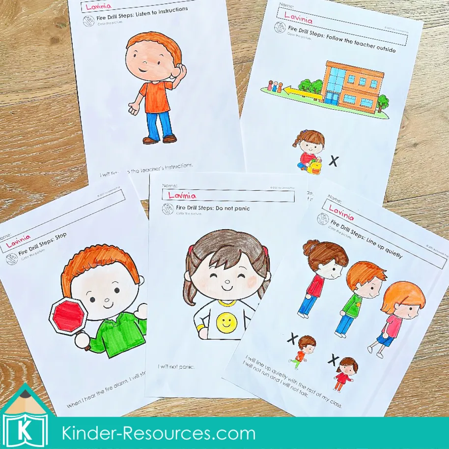 Fire Safety Kindergarten Worksheets and Activities fire drill steps mini book with illustrations showing children stop, line up, follow the teacher outside, and remain calm.