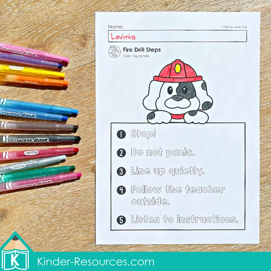 Fire Safety Kindergarten Worksheets and Activities poster with step-by-step fire drill instructions including stop, do not panic, line up quietly, follow the teacher, and listen carefully.