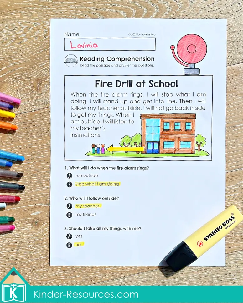Fire Safety Kindergarten Worksheets and Activities reading comprehension passage called Fire Drill at School with multiple choice questions to check understanding.