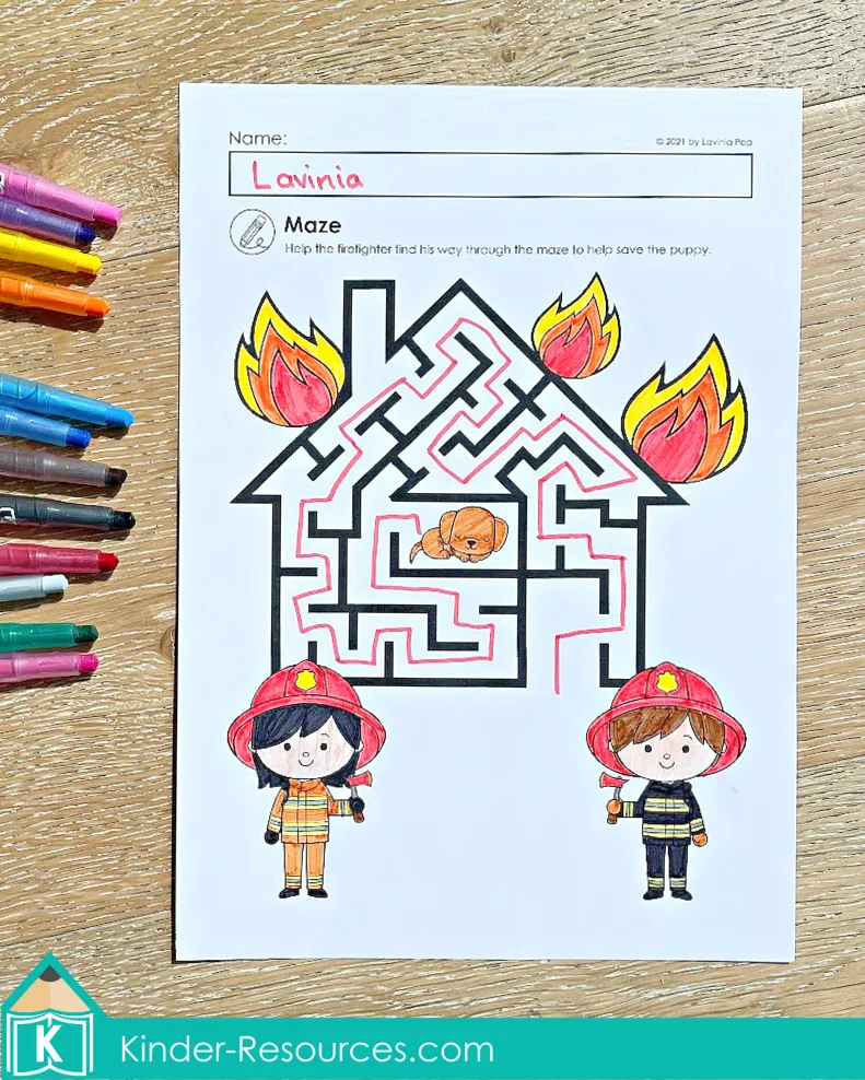 Fire Safety Kindergarten Worksheets and Activities with maze page where children help the firefighter find the path to save a sleeping puppy inside a burning house.