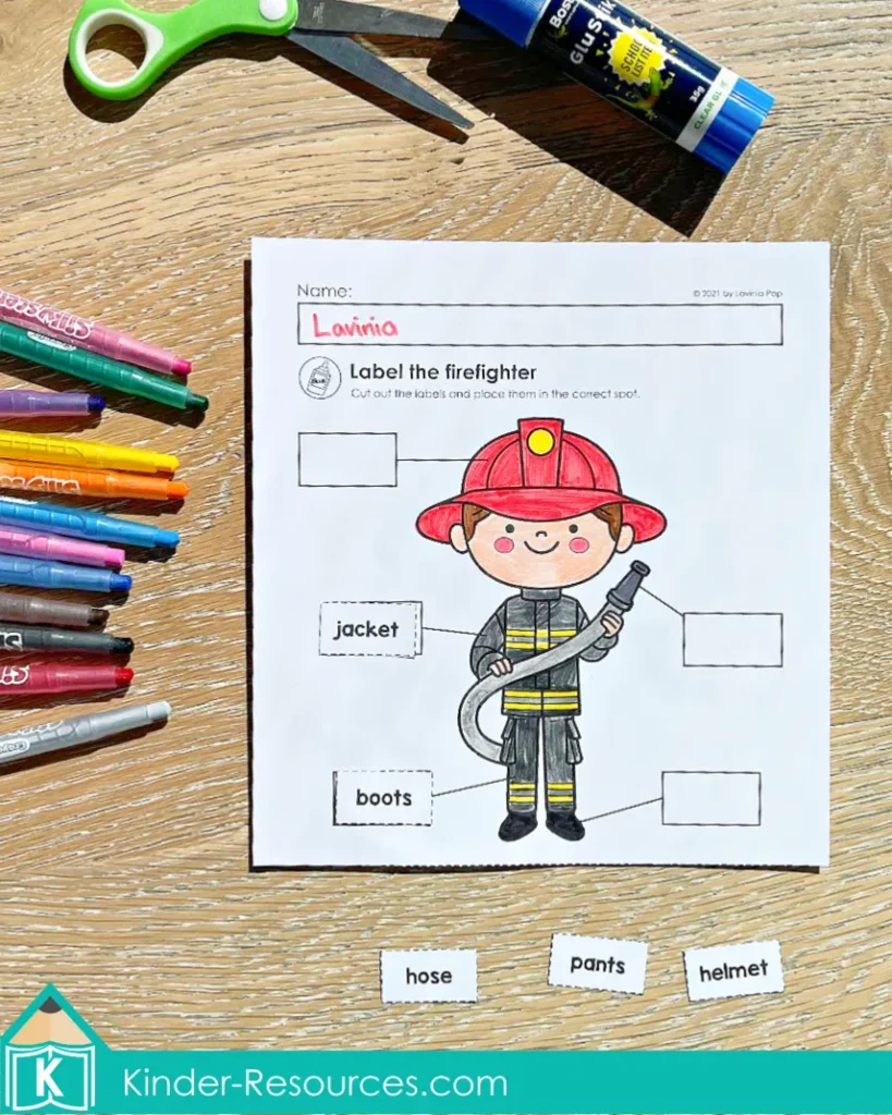 Fire Safety Kindergarten Worksheets and Activities cut and paste worksheet where children label firefighter gear including jacket, boots, hose, pants, and helmet.