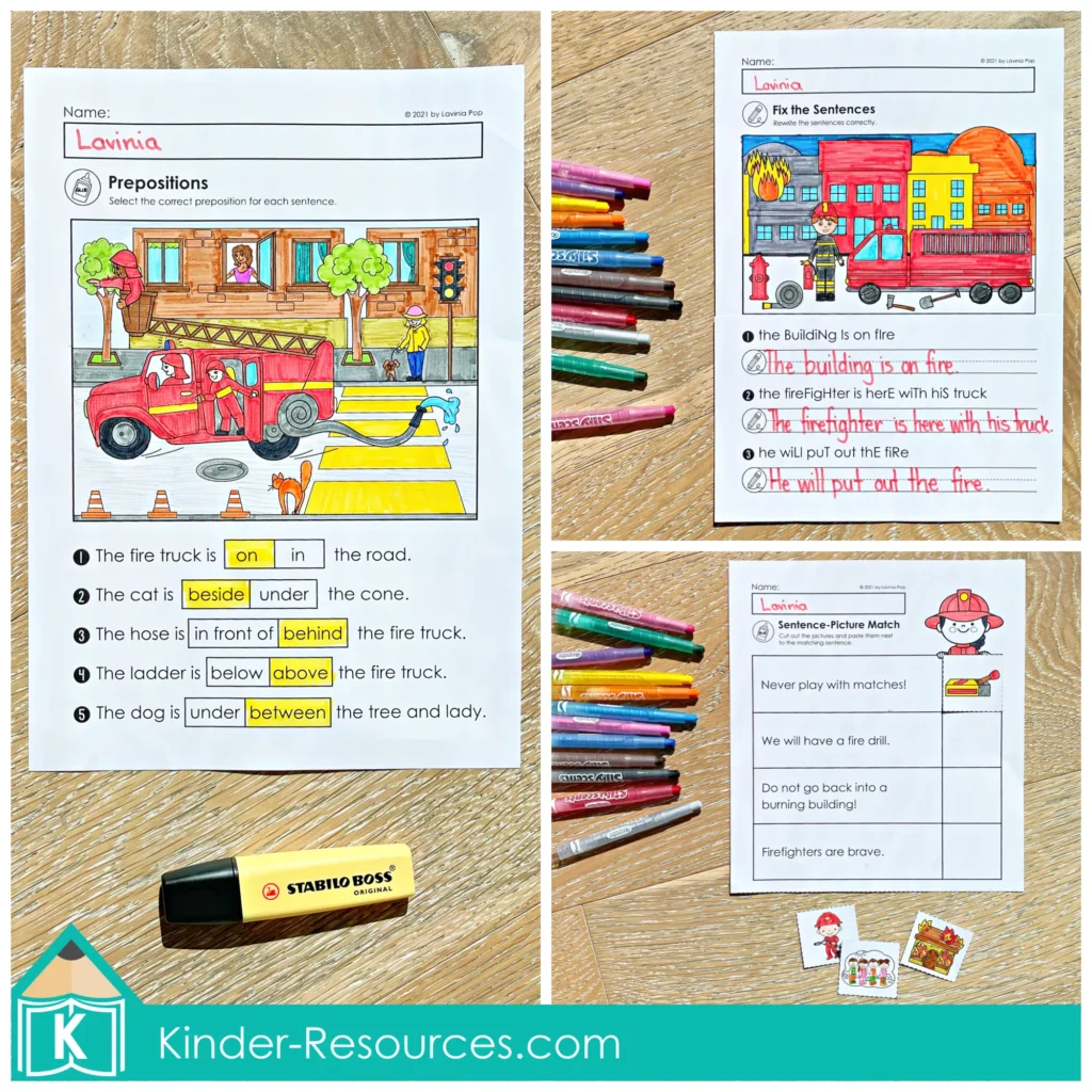 Fire Safety Kindergarten Worksheets and Activities including prepositions worksheet with fire truck scene, fix the sentences grammar page, and sentence-picture match cut and paste activity.