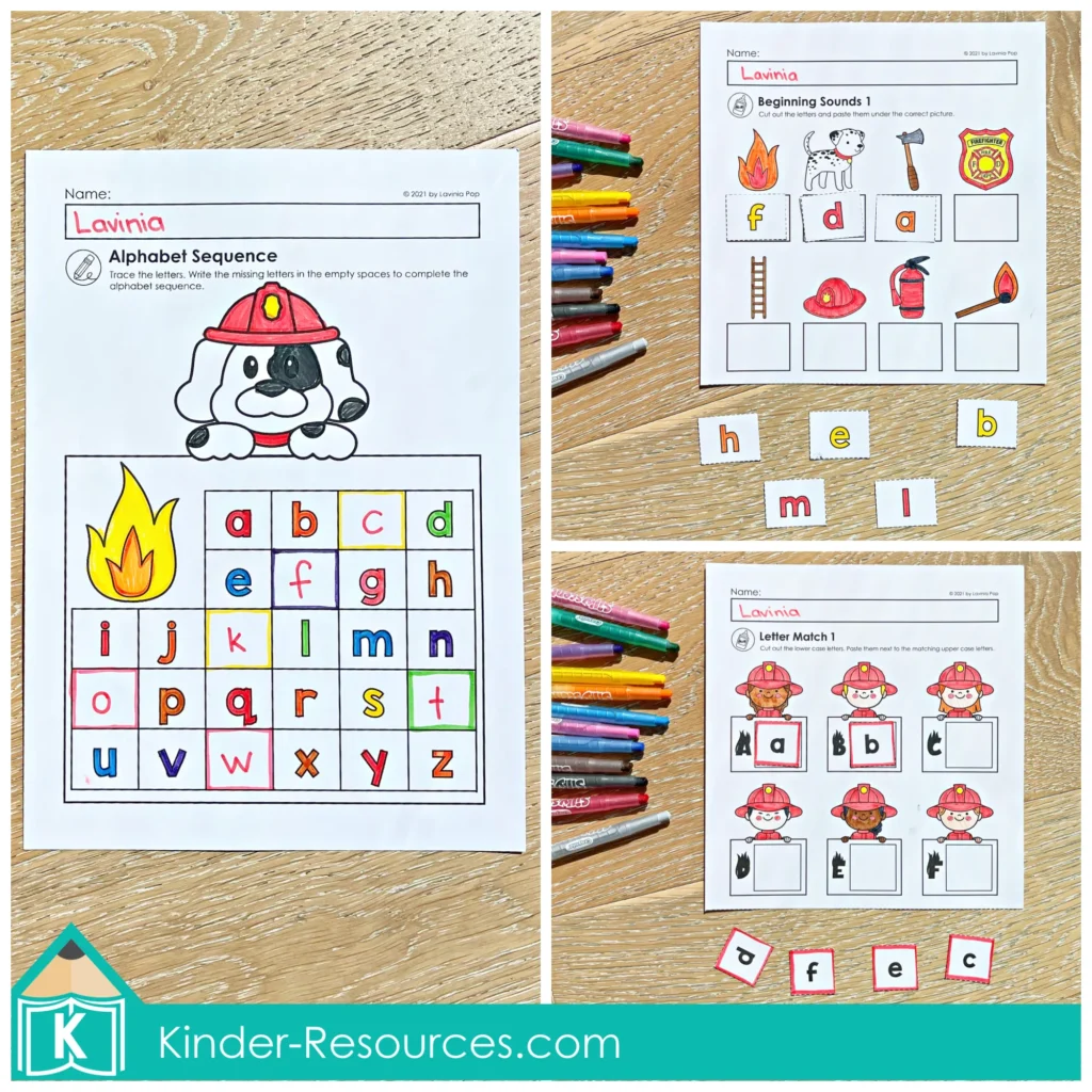 Fire Safety Kindergarten Worksheets and Activities featuring alphabet sequence tracing, beginning sounds cut and paste, and uppercase lowercase letter match with firefighter theme.