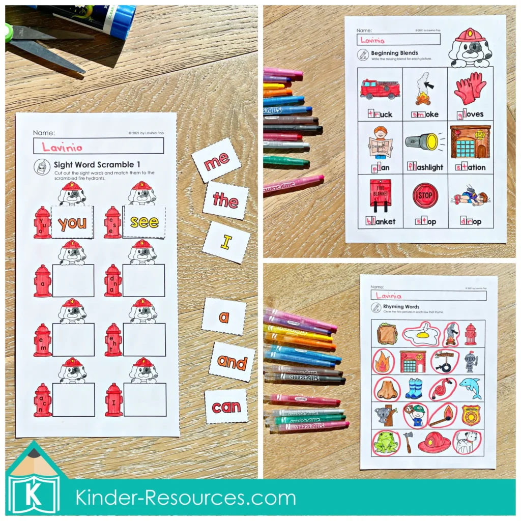 Fire Safety Kindergarten Worksheets and Activities with sight word cut and paste, beginning blends practice, and rhyming word activity for early readers.