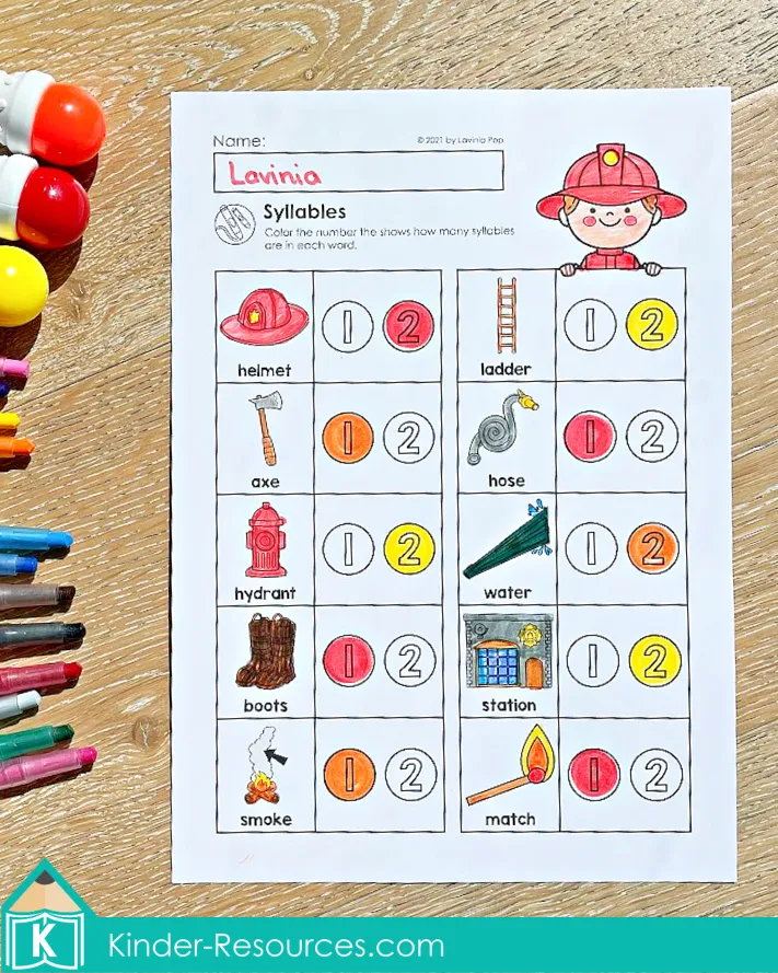 Fire Safety Kindergarten Worksheets and Activities with syllables literacy page where children count and color syllables in firefighter themed words.