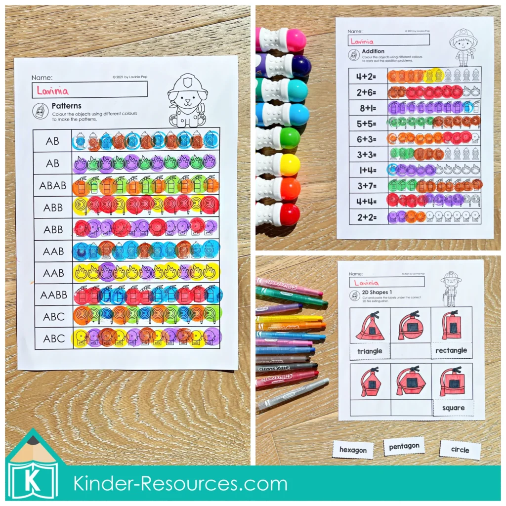 Fire Safety Kindergarten Worksheets and Activities including fire safety themed AB to ABC patterns, picture addition to 10, and 2D shape matching activity.